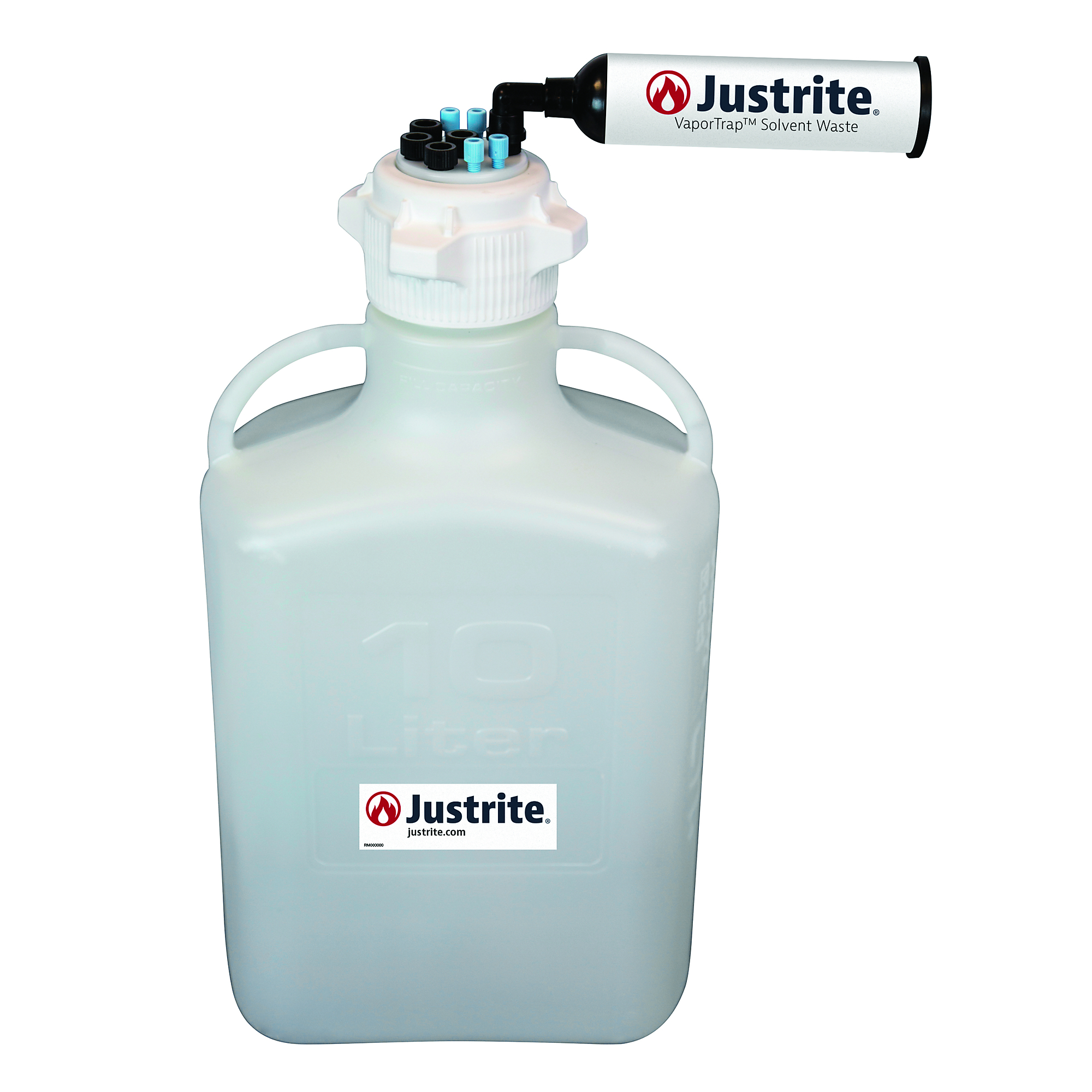 Justrite HDPE Carboy with Filter Kit — 10 Liters, VaporTrap, 83mm Cap, 4 Ports 1/8in. Tubing, 4 Ports 1/4in. Tubing, Model# 12817